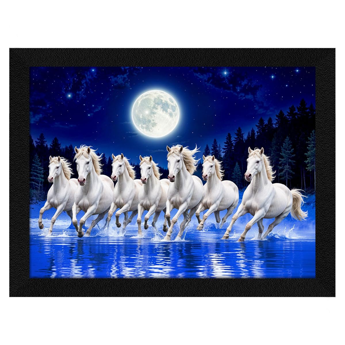 ArtX Paper 7 Horses Vastu Frame Wall Art Painting, White Running Horses at Night Moon with Blue Background On Water, Vastu Wall Decor, Multicolor, Nature, 13.0 X 10.0 inch, Set of 1