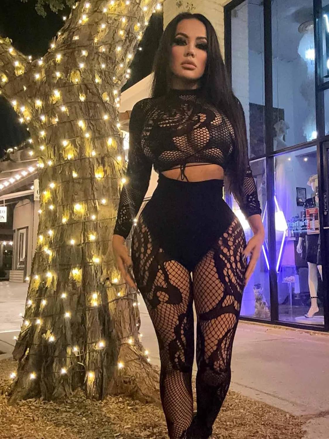 Women's Sexy Fishnet Seamless 2 Piece Outfits Mock Neck Long Sleeve Crop Top Legging Set Club Lingerie Sets - Image 6