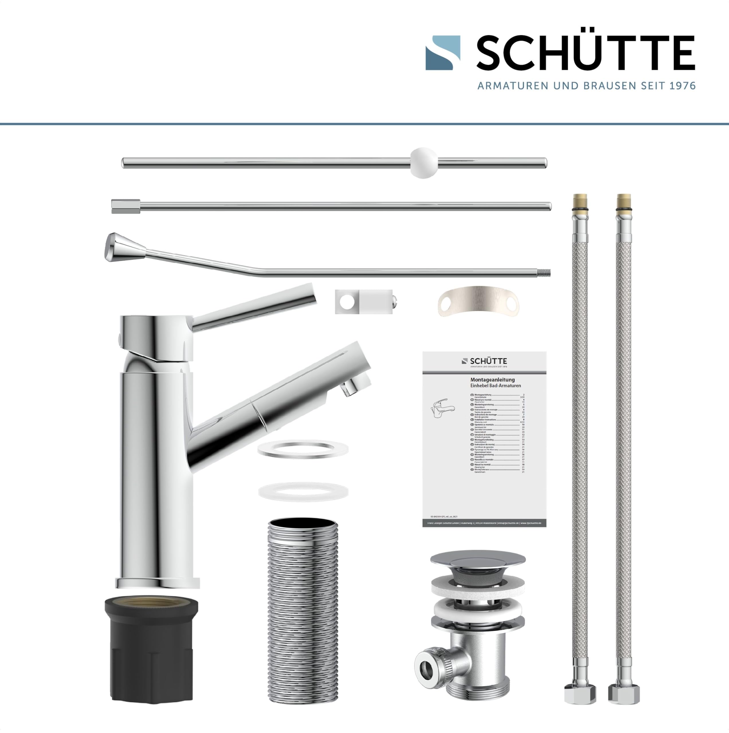 Miscelatore per lavabo SCHÜTTE Cornwall, miscelatore per bagno, rubinetto per bagno, miscelatore monocomando con scarico a scomparsa, cromo, metallo, alta pressione