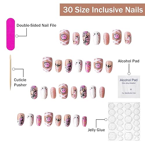 Miniatura 142 de Uñas postizas a presión de Halloween, cuadradas, medianas, francesas, color negro, degradado, cobertura completa, calavera, corazón rosa, con Uñas