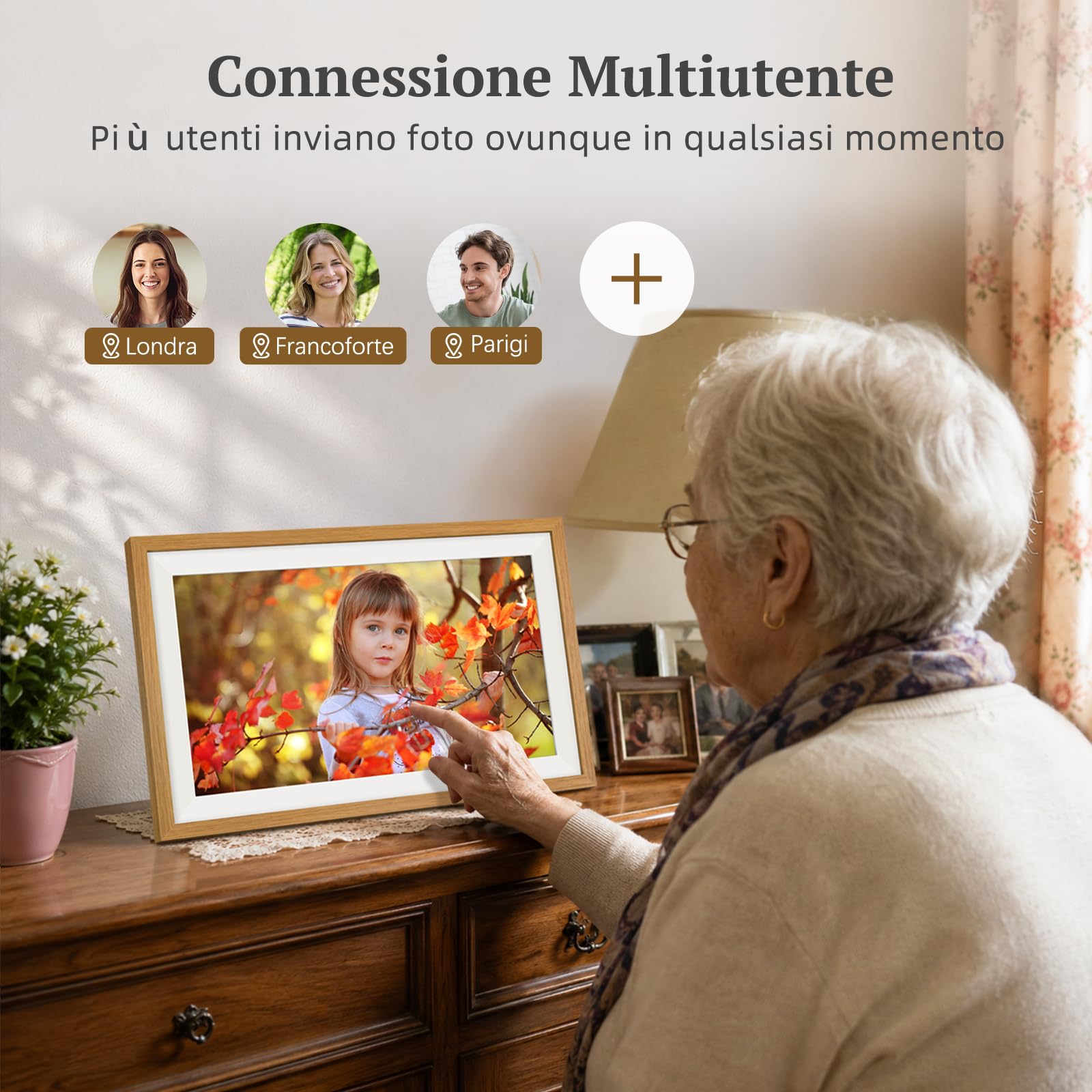 Frameo Cornice Digitale Foto Legno di Rovere 15.6 Pollici WiFi, Memoria da 32 GB, Touchscreen IPS FHD, Condividi Foto Video Tramite l'app Frameo, Regalo da Donna Uomo