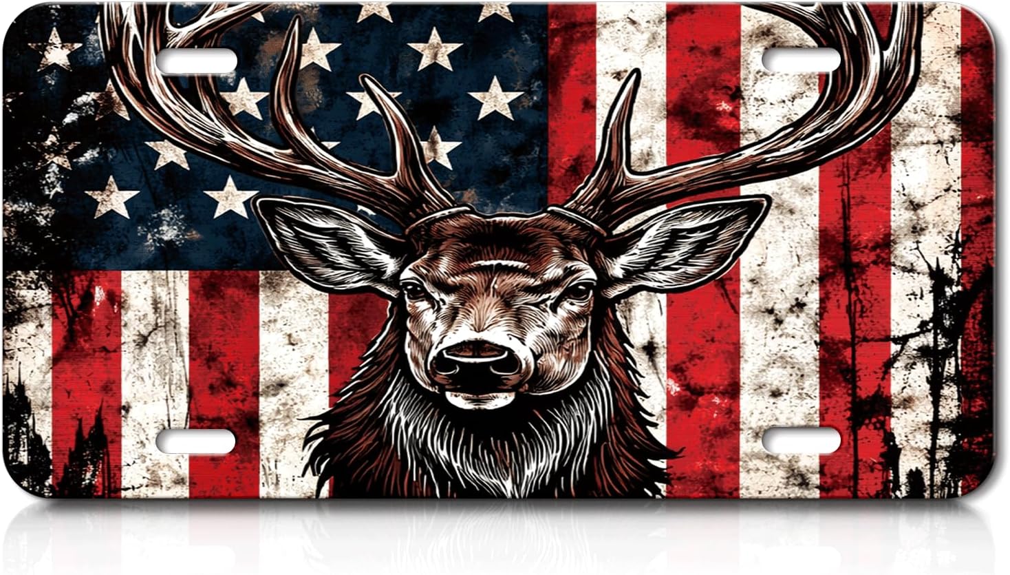 License Plate, Black Front Funny Cute Decoration Aluminum Metal License Plates Cover with 4 Holes, Novelty Vanity Tag Cover Car Decor Accessory American Flag Deer
