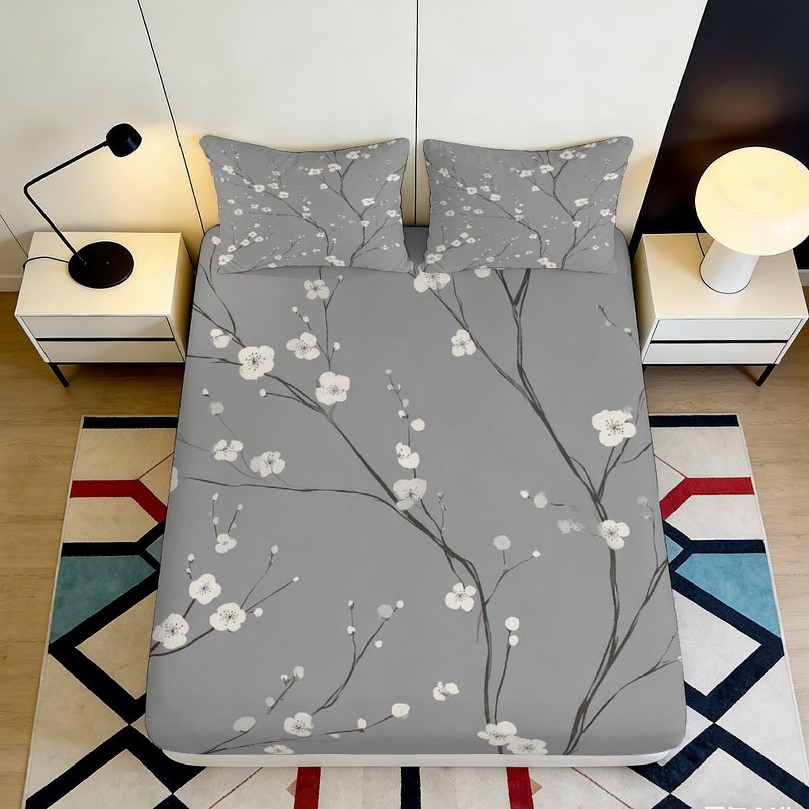 Uxinyoume Style-3 3D Printed Plum Blossom Grey Fitted Sheet Microfiber Soft Floral Branch Mattress Cover For Bedroom Home Decor 90X200x25cm