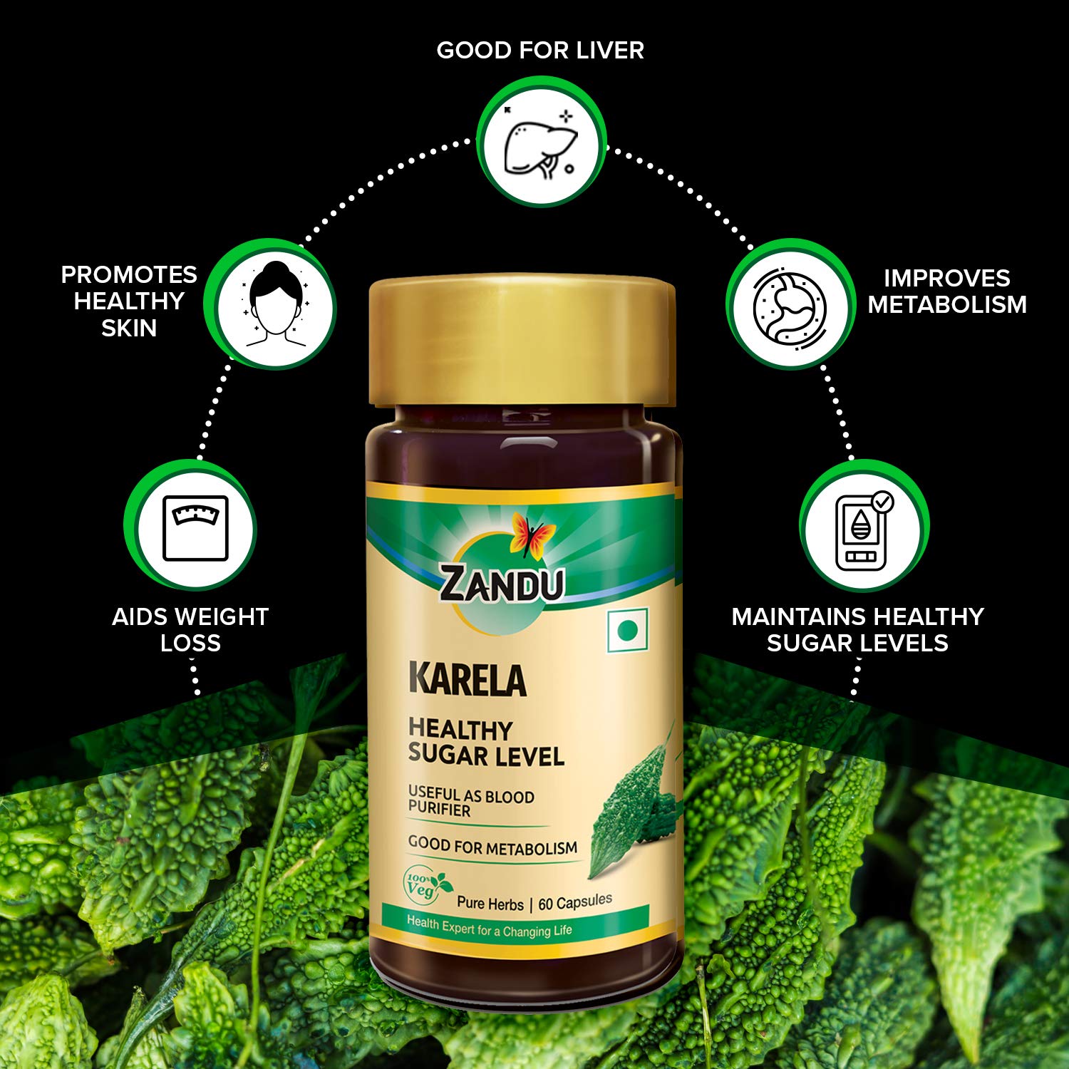 Zandu Karela Pure Herbs (Bitter Melon) for Healthy Sugar Levels and Improved Metabolism | 100% Natural & Authentic | Powerful Blood Purifier for Glowing Skin - 60 Veg capsules (Pack of 2) 2