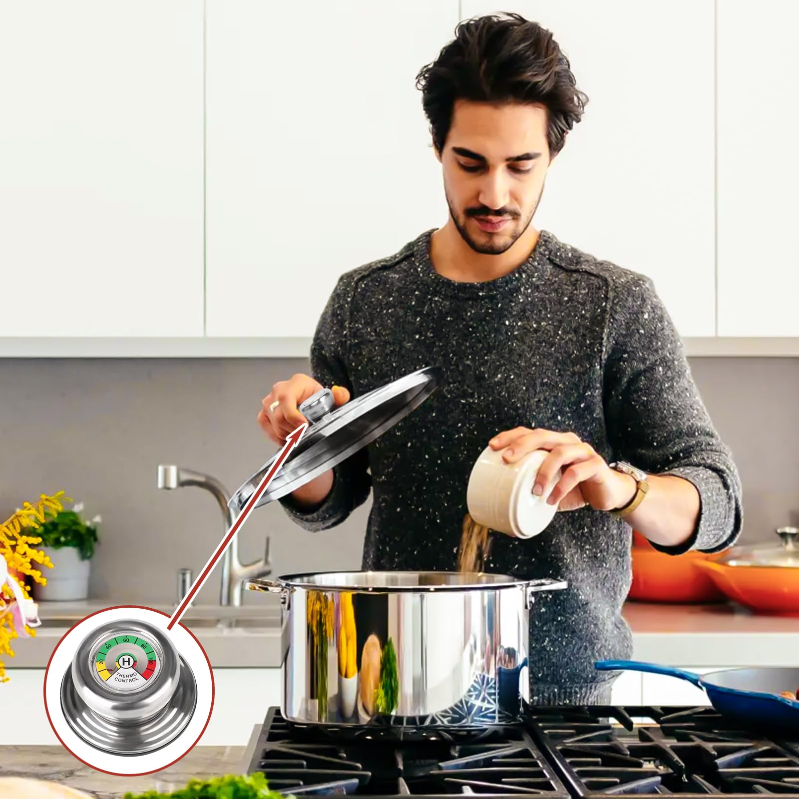 3 Stück Topfdeckelgriff mit Thermometer,für AMC Topfdeckelgriff, Deckelknopf,Ersatzgriff,Für Kochgeschirr mit 5 mm Gewinde,Thermokontroller für Topf - Deckel,Thermometer Kochen