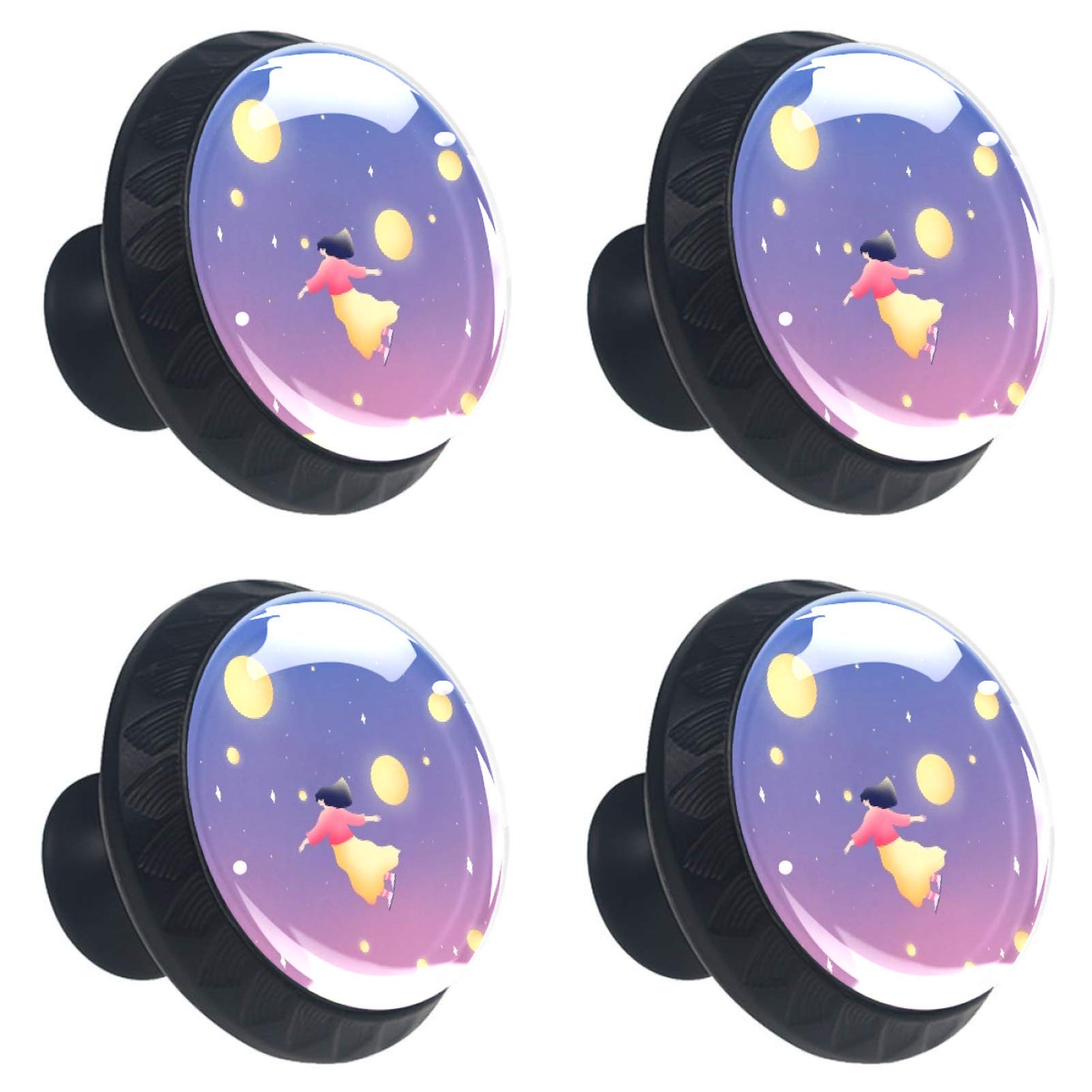 4 Pack Glass Circle Shape Drawer Knob Girl MoonPrint Cabinet Pull Handle with Screws for Home Office Bar