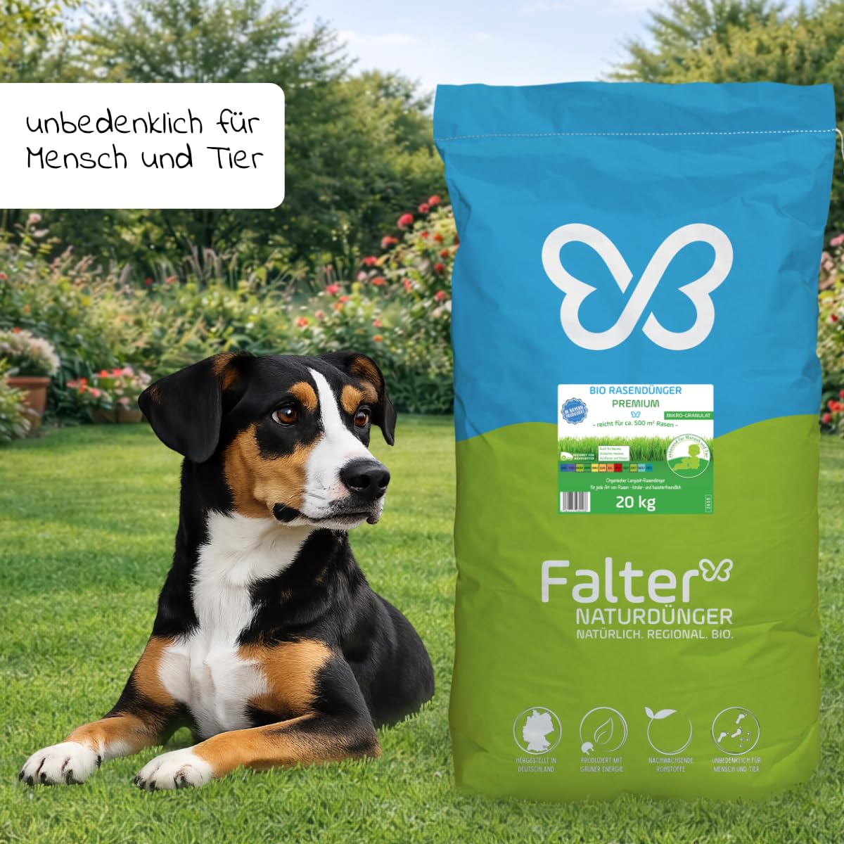 Falter BIO Rasendünger Premium 20 kg | Organischer NPK-Dünger | Biodünger für Rasen, Bäume, Sträucher, Hecken, Koniferen und Rosen. Unbedenklich für Mensch und Tier