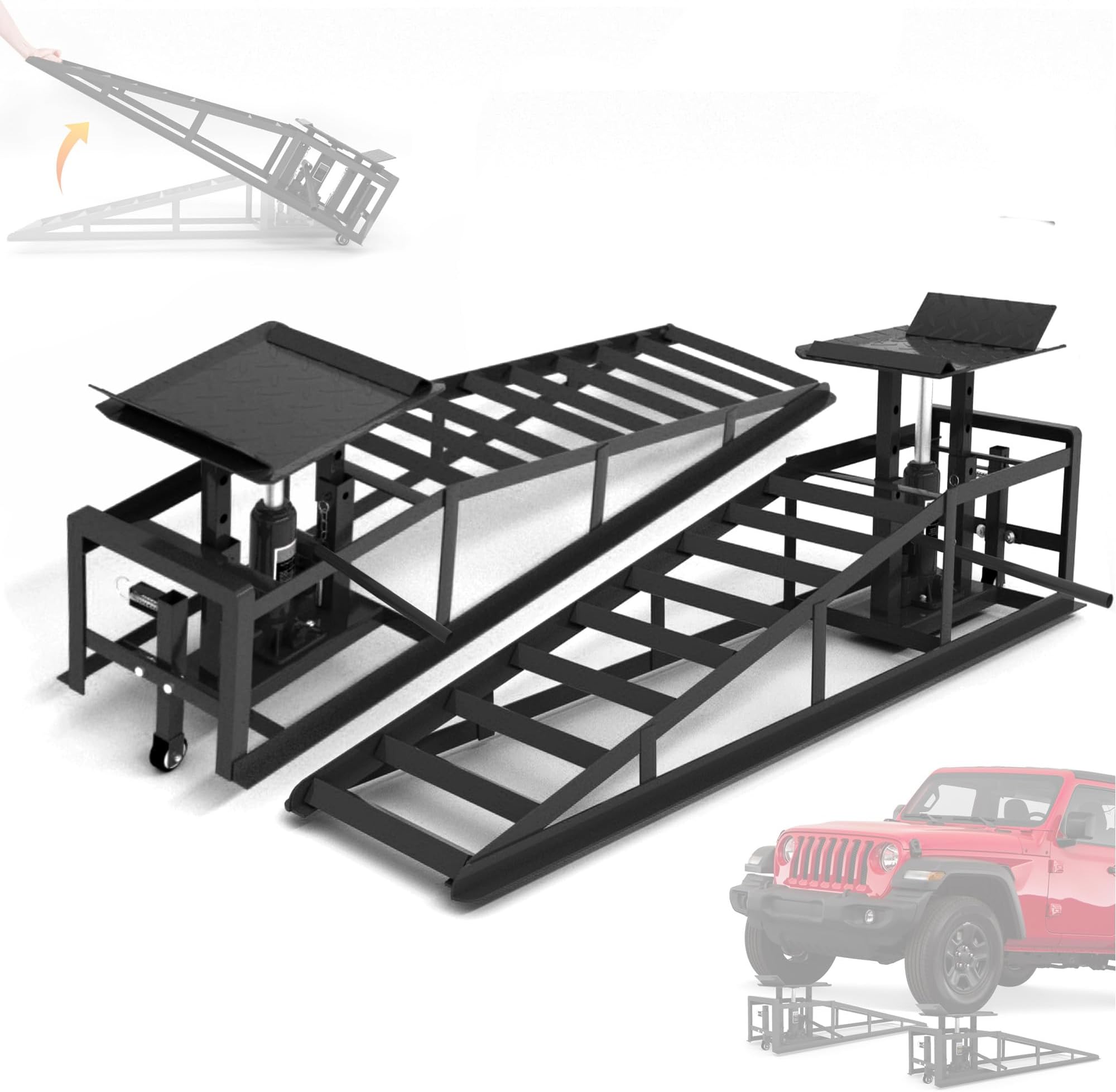 2 PCS Hydraulic Car Ramps with Wheels, 11065LBS 5T Heavy Duty Car Ramp with Hydraulic Jack, Portable Car Lifts for Oil Changes for Home Garage, 9"-14.2" Lifts, Black