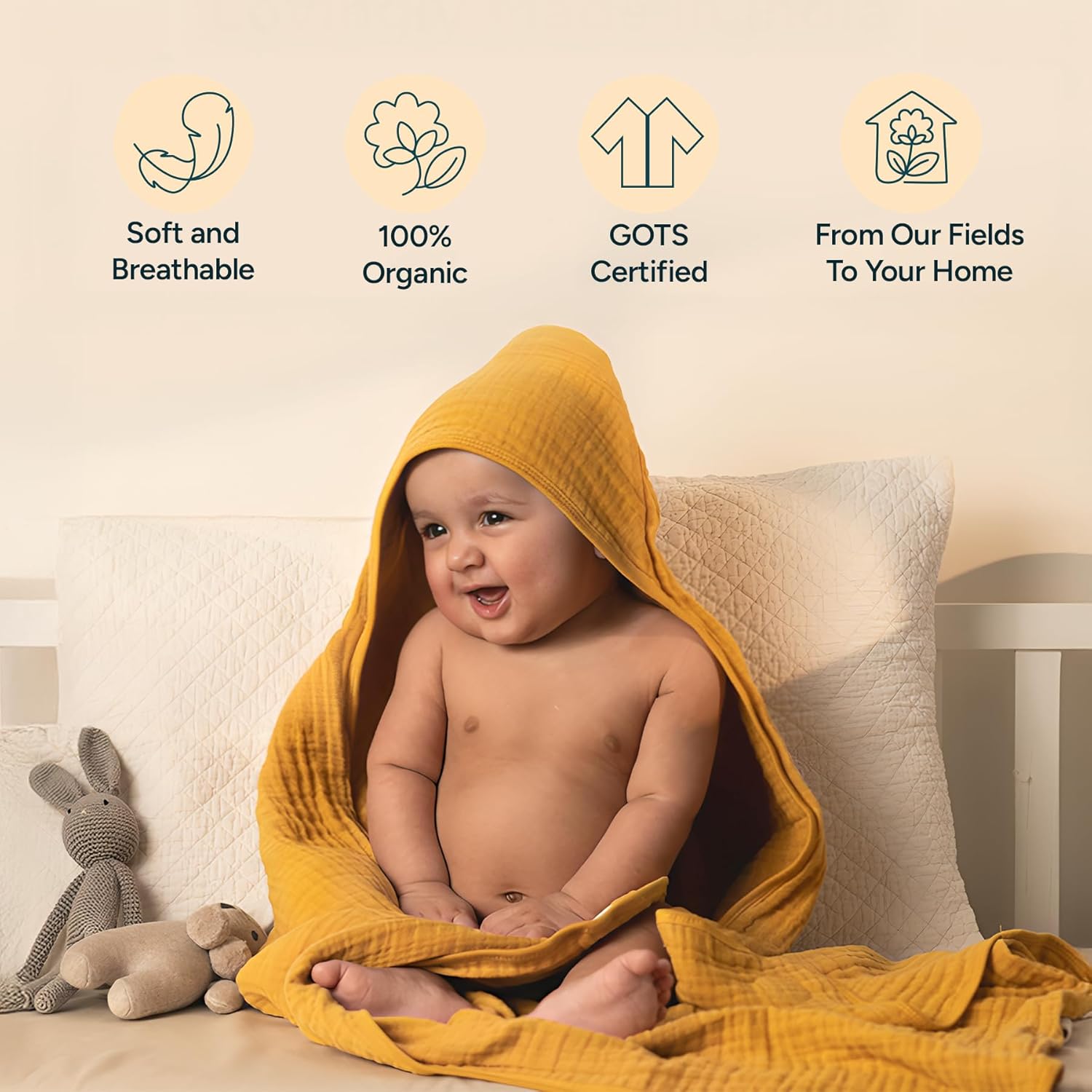 Hands-Free Hooded Towel - 100% Organic Premium Muslin Cotton, 30" x 30", Ultra-Absorbent, Soft, Breathable, Hypoallergenic, Multipurpose, Gifts for Babies & Infants, Pack of 2