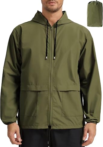 Mens Rain Jacket Lightweight Waterproof Raincoat with Hood Packable Windbreaker Jacket Hiking Cycling