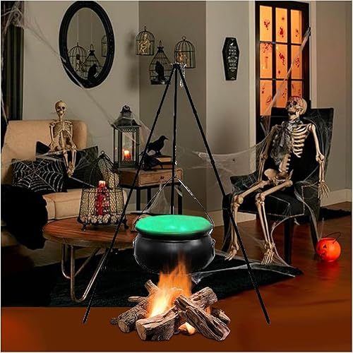 Caldero de brujas para decoración al aire libre, caldero de brujas grande en trípode con luces, cuenco de plástico negro, cubo de dulces,