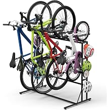 Bicycle Rack Garage 4 Bike Storage Rack Vertical Bicycle Stand Rack Indoor Bicycle Organizer Parking Rack with 6 Hooks for Indoor Outdoor Hanging Mountain Bike Road Bike Max Tire Width 2.65" Black