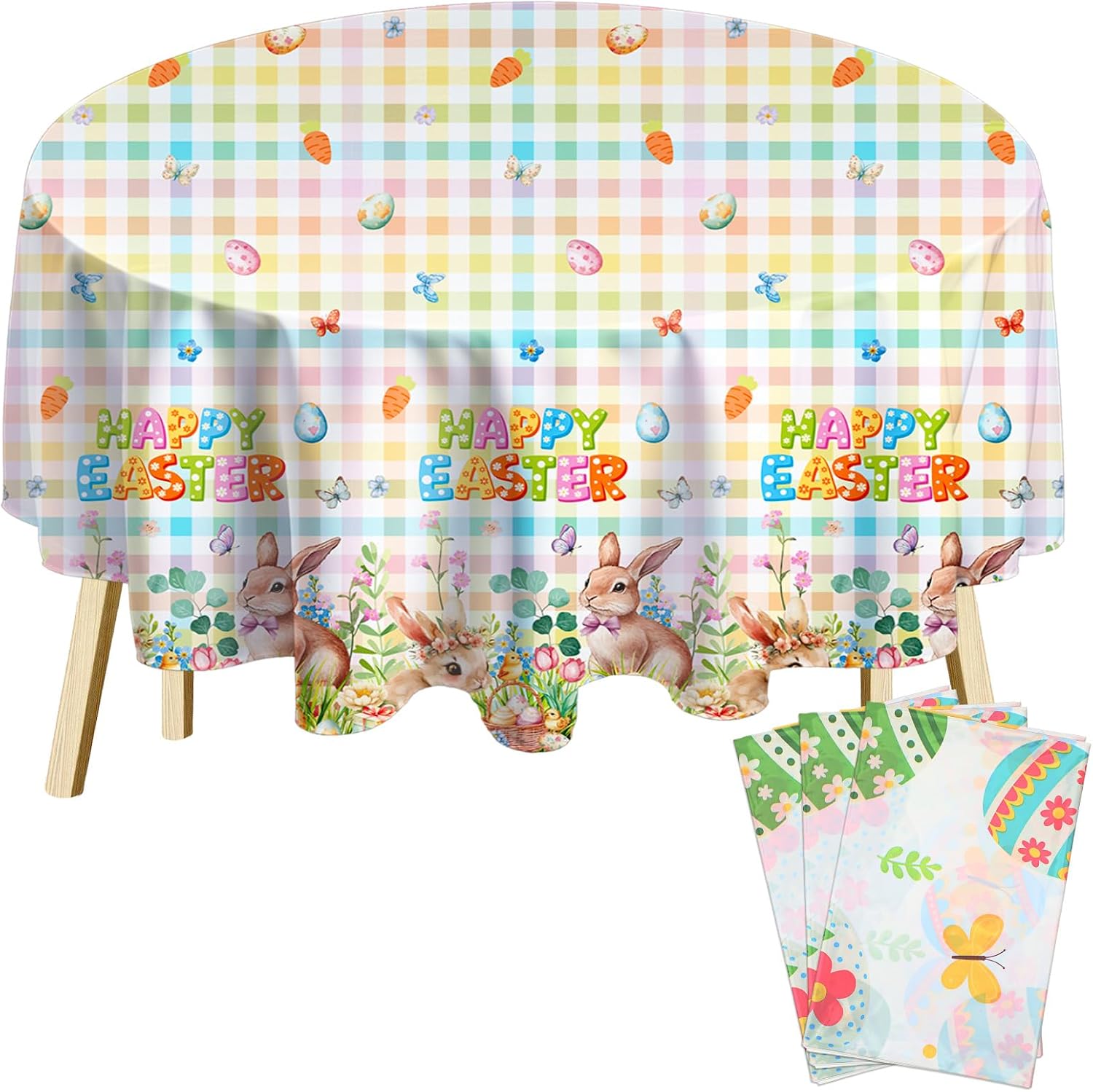 HunnmingRe 3 Pcs Easter Round Tablecloth 84 inch Colorful Egg Bunny Tablecovers Disposable Plastic Spring Tablecloth for Easter Birthday Party Supplies Decorations (Egg)