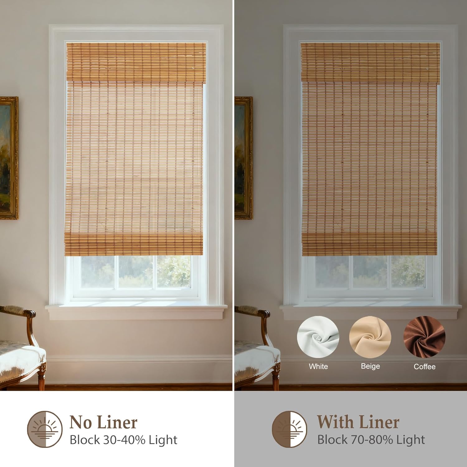 Sunbox Cordless Bamboo Roman Shades, Blackout Natural Bamboo Blinds for Indoor Windows, Custom Natural Roman Blinds for Indoor Windows, Doors, Kitchens, Bathroom, Camel