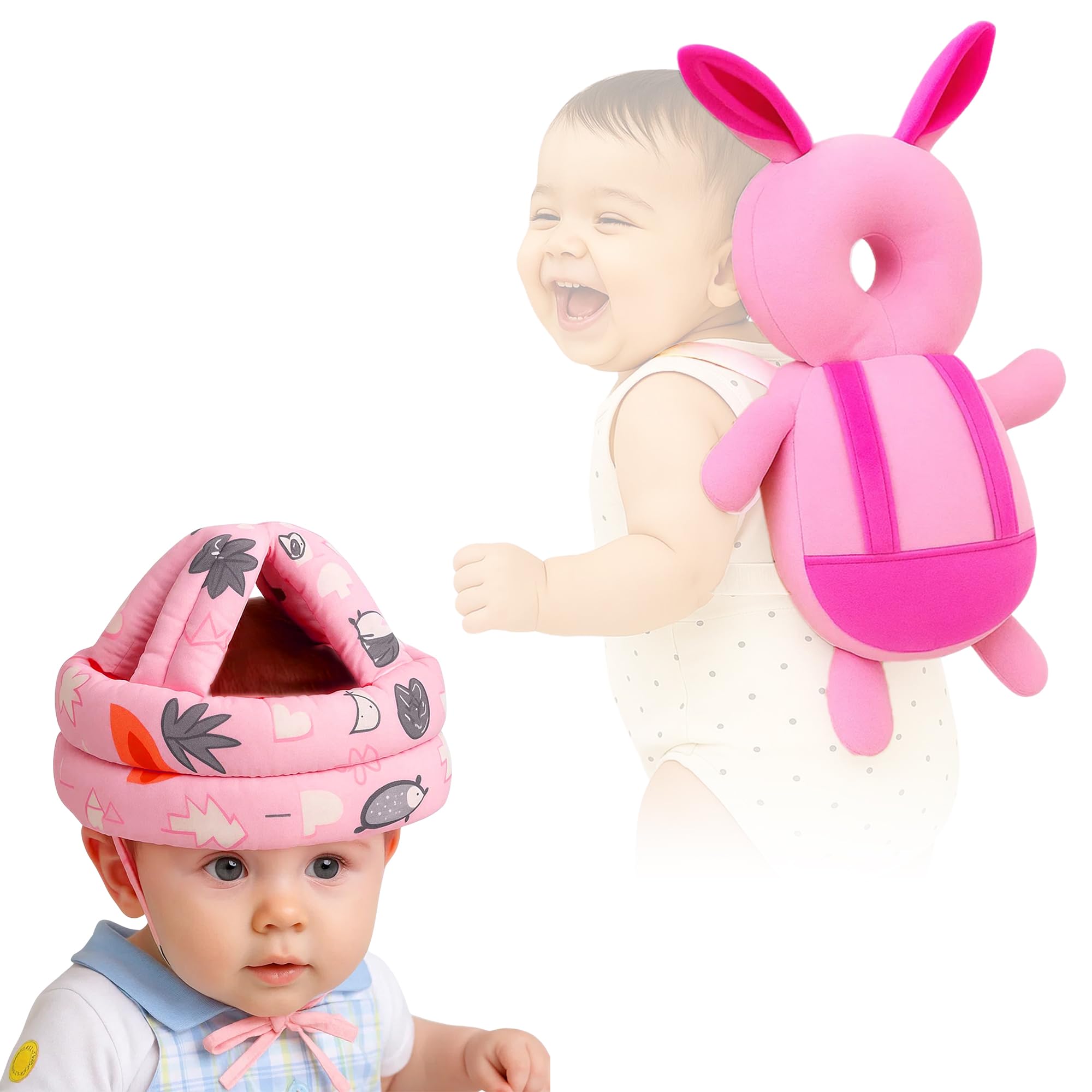 GLUN® Baby Back Protector with Head Protective Hat Combo Set, Cute Rabbit Shape Soft Cushioning, Adjustable Shoulder Belt, Head Protection Gear for 6-18 Month Toddler Kids