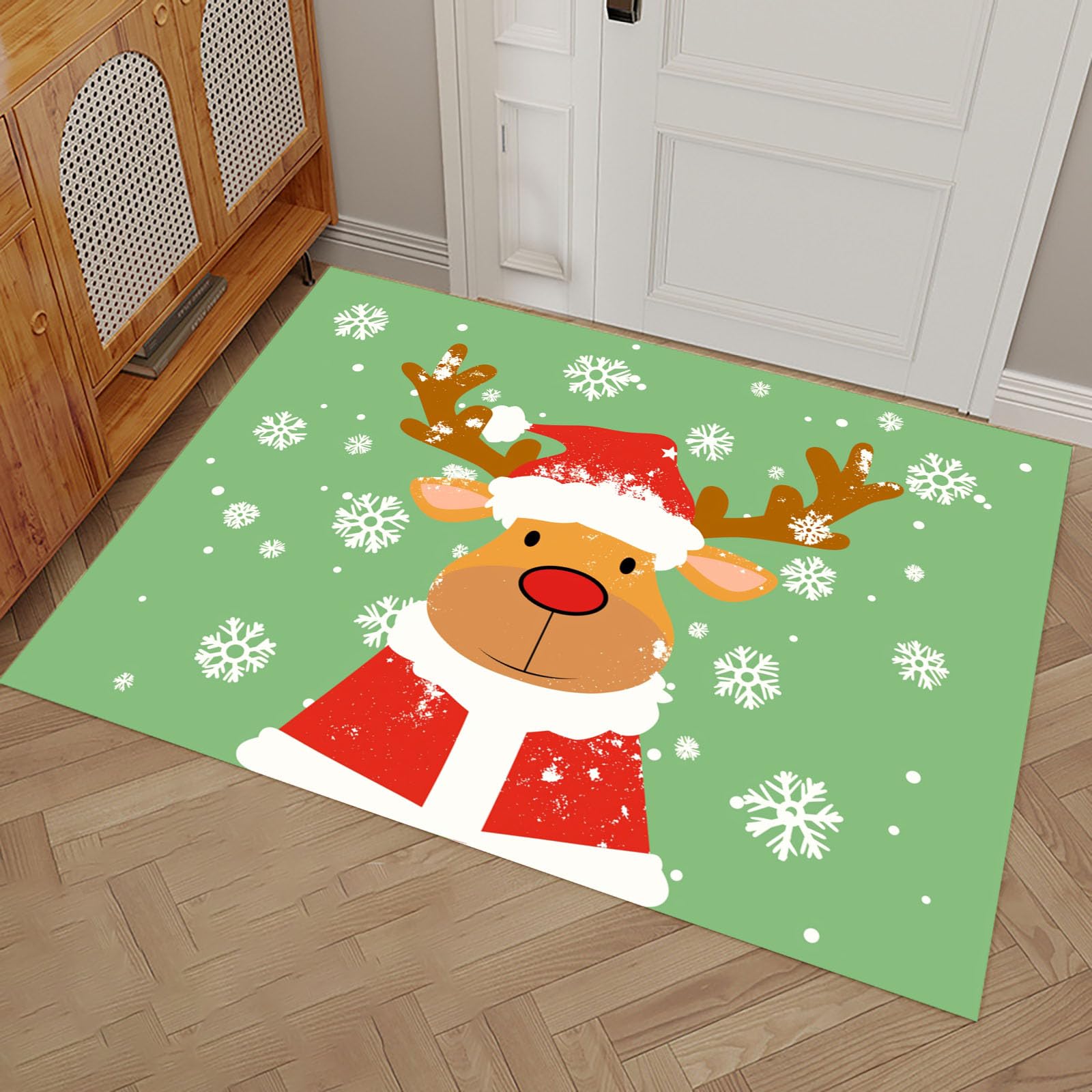 Felpudo Alfombra de Entrada Lavable, Dibujos Animados Interior Renos Copos De Nieve Pequeña Alfombra Antideslizante Suave Superfina para Cocina Baño Dormitorio 80x120cm, Verde