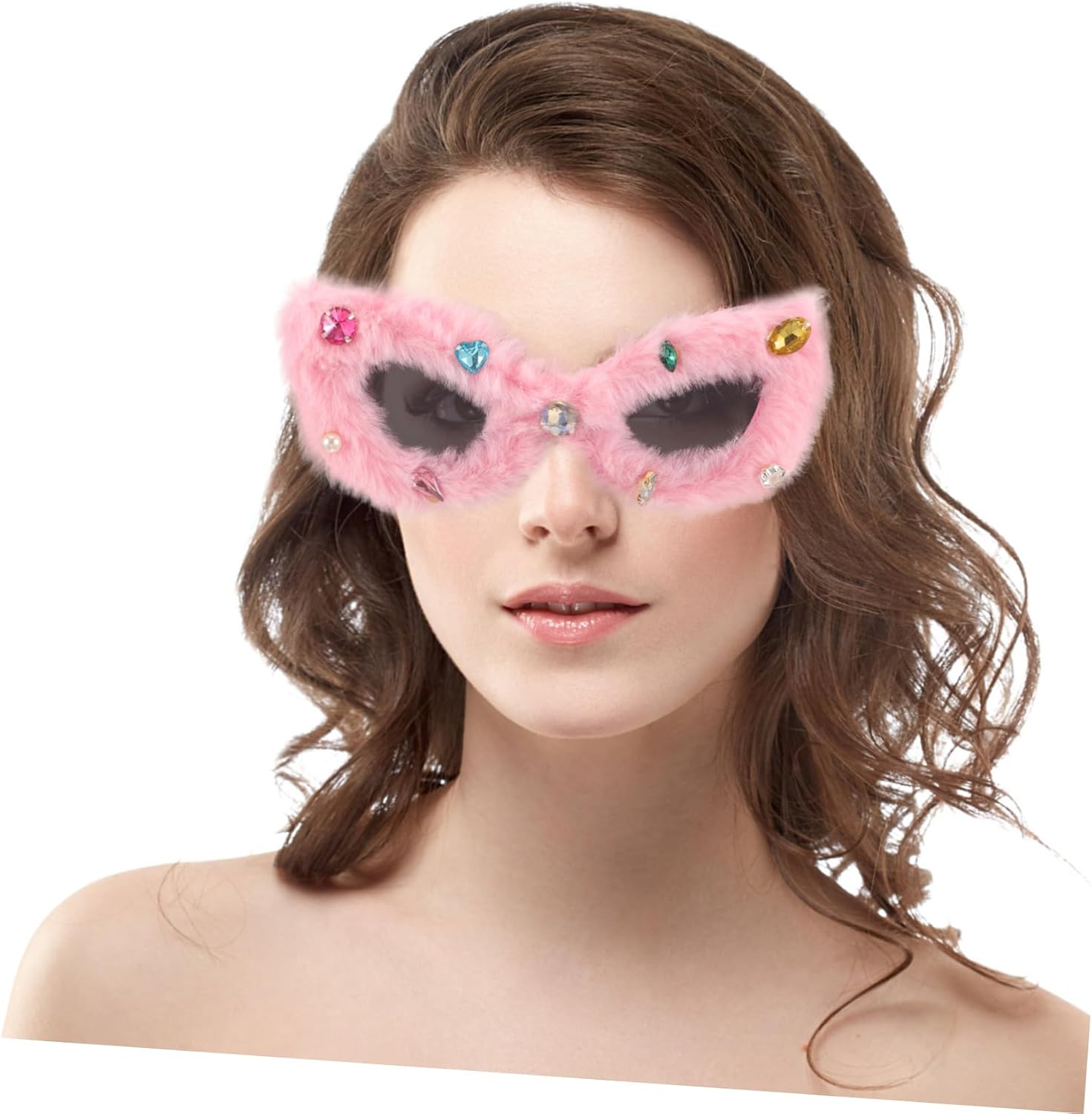BESPORTBLE Cute Plush Fuzzy Sunglasses with Rhinestone Decor for Women Decorative Novelty Party Props for Birthdays Weddings Graduations and Photoshoots