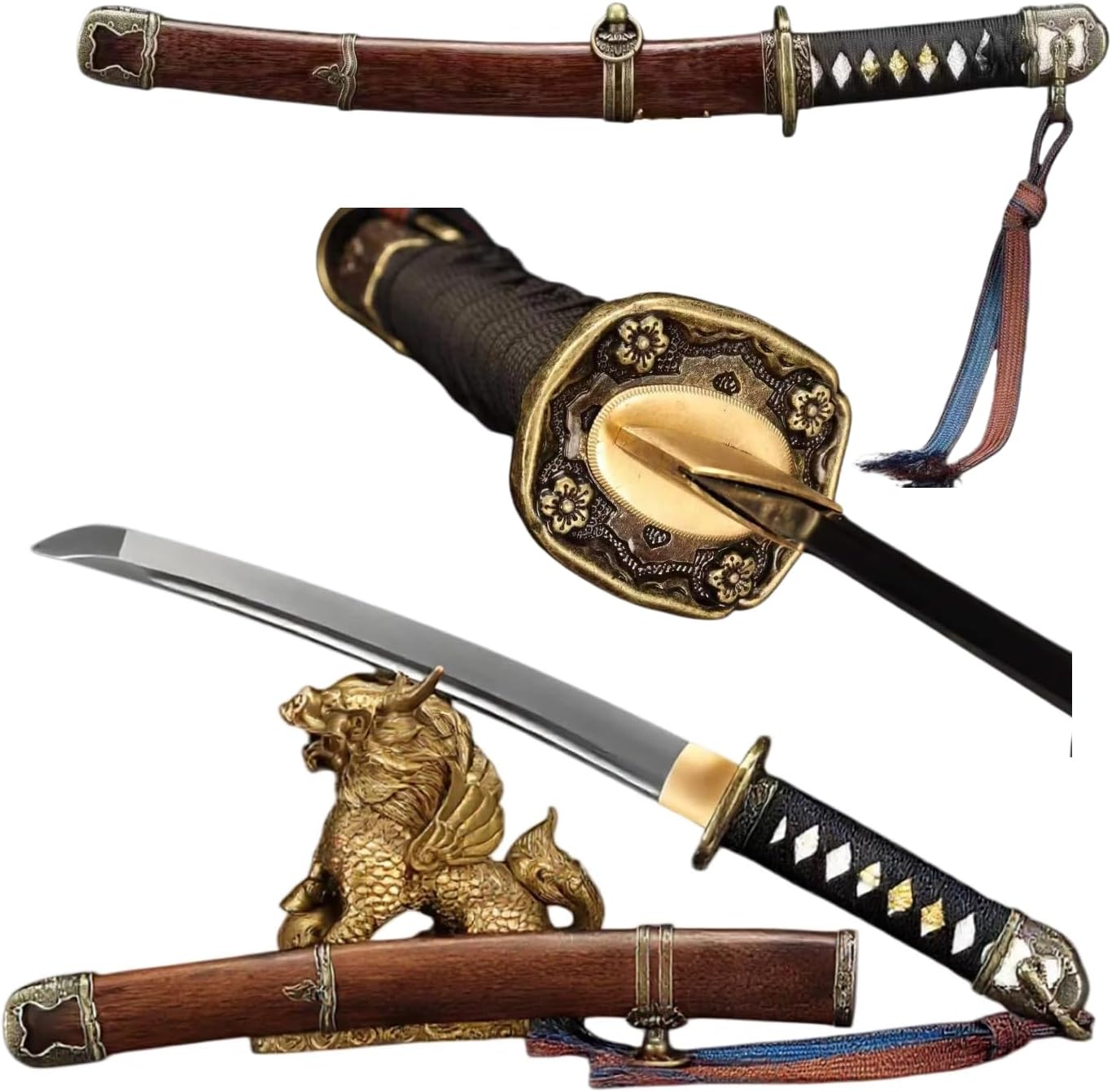 Full-Tang 12-inch Japanese Samurai Sword 1060 Steel Wooden Scabbard Tanto Mini Katana