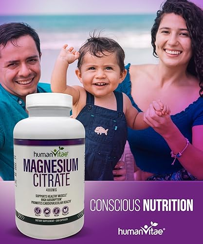 Miniatura 5 de Premium Magnesium Citrate 400mg by Human Vitae - 200 Capsules, Non-GMO, Gluten-Free, Relax Muscles, Support Bone Health