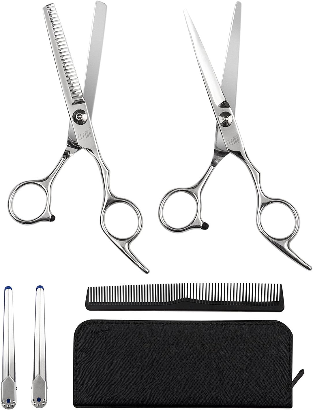 ELFINA Professional Hairdressing Scissors Kit Hair Cutting, 2-Pic Scissor + Case + 2-Pic Clip + 1 Comb, 6.0 Inch - Blue