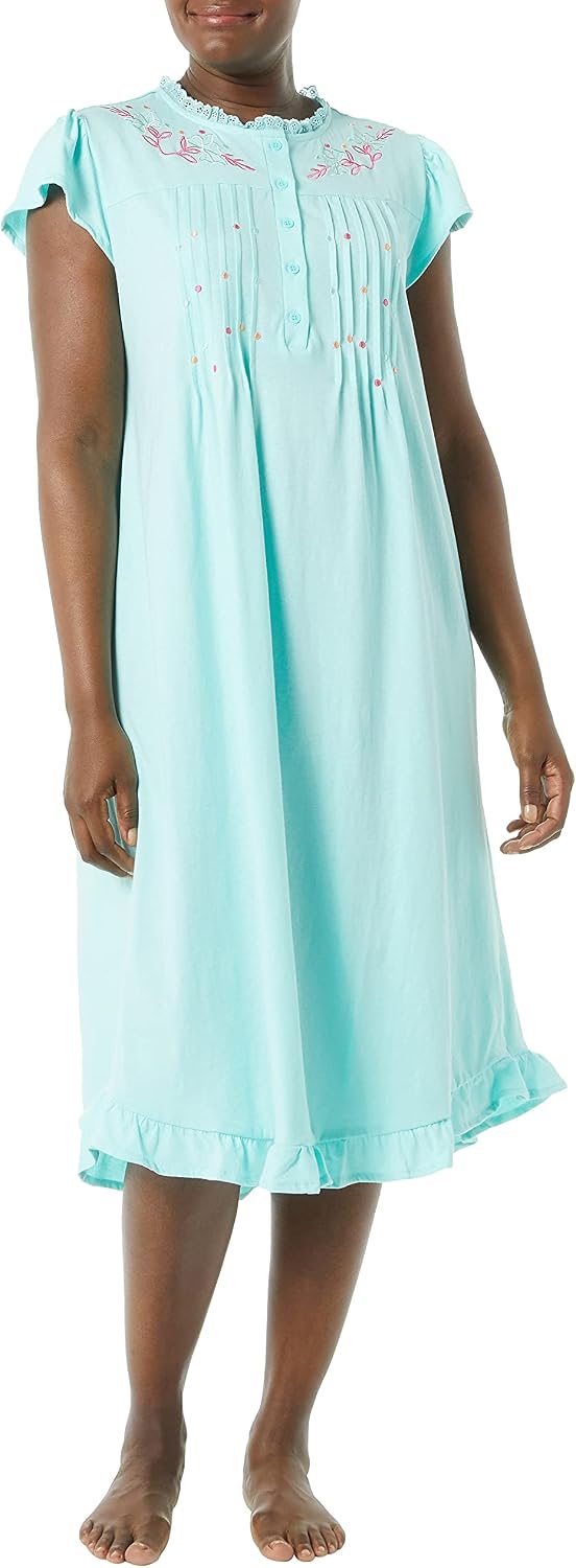 AmeriMark Women's Embroidered Knit Night Gown Long Partial Button Front Dress - Mid Calf