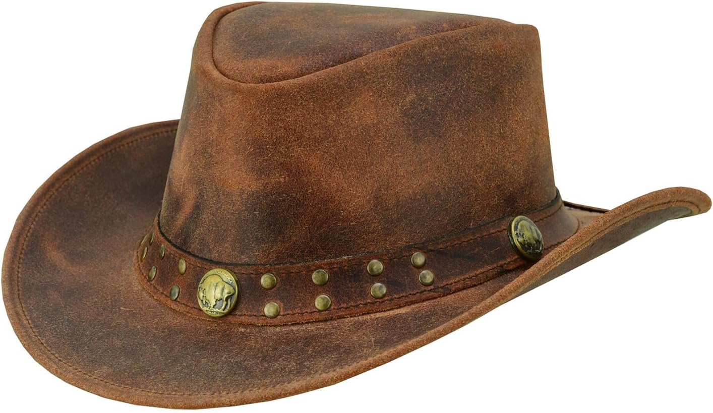 Arizona Cowboy Hat for Men & Women – Genuine Distressed Leather Western Hat with Studded Band, Shapeable Brim & Chin Strap