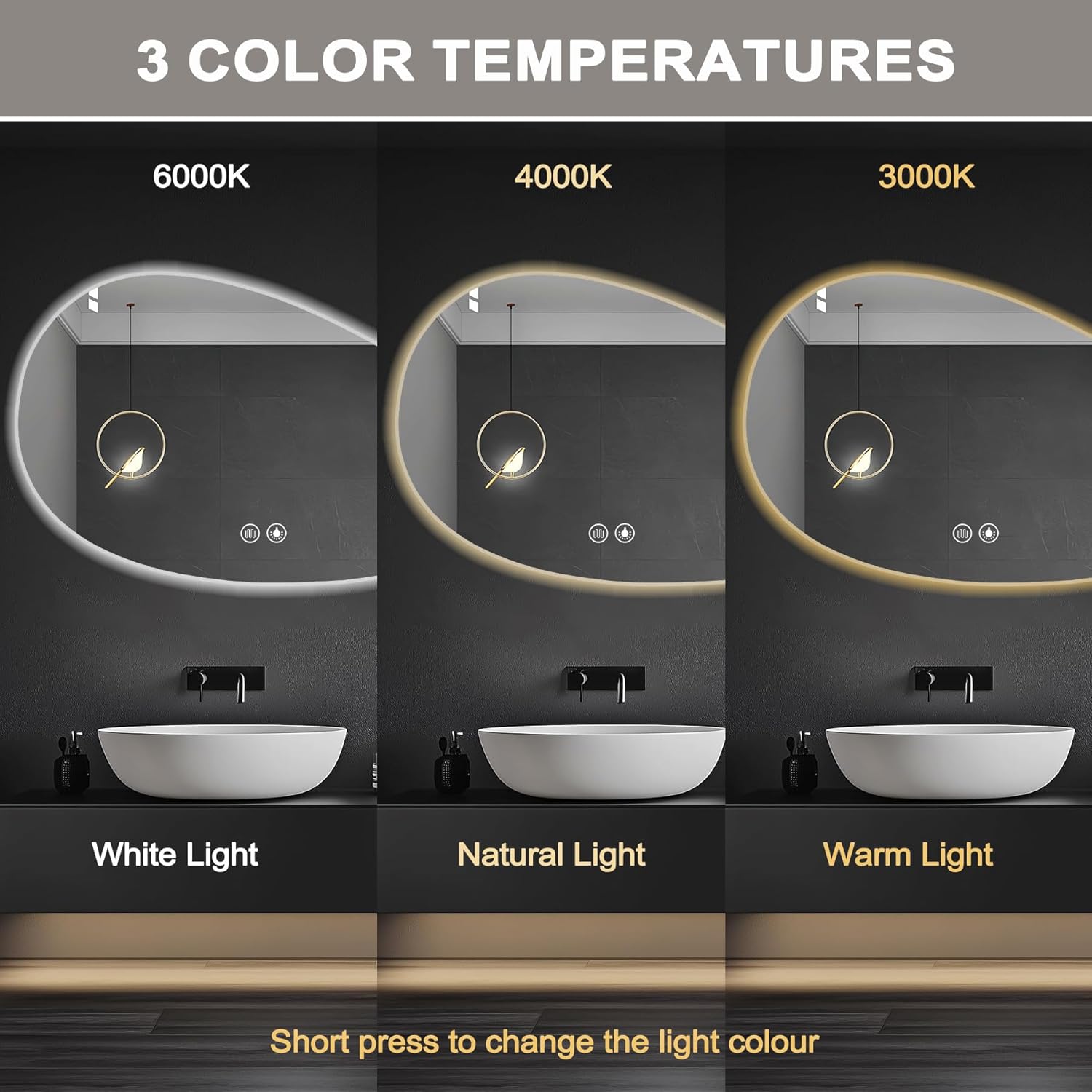 Bathroom Mirror with Lights,50"x28"Irregular Smart Led Mirror for Bathroom with 3 Colors Dimmable, Anti-Fog, Modern Lighted Vanity Mirror Wall Mounted, Tempered Glass,Frameless