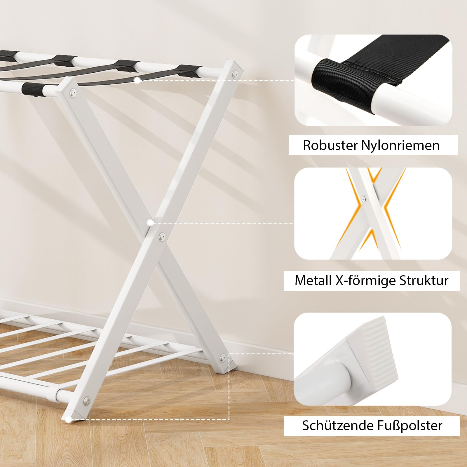 GIANTEX Kofferständer Klappbar, 2-Stöckige Kofferablage Metall, Gepäckablage Gepäckständer Hotel Gästezimmer, Kofferbock Klappbar Platzsparend, Weiß + Schwarz, 68x 45 x 57 cm