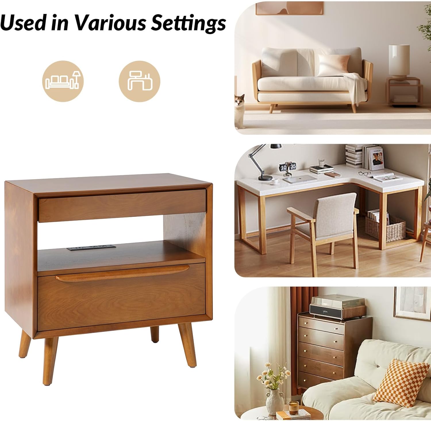 HULALA HOME End Table with Charging Station, Mid-Century Modern End Table with Pull-Out Shelf, Hidden Storage Side Tables, Wood Legs, Acorn