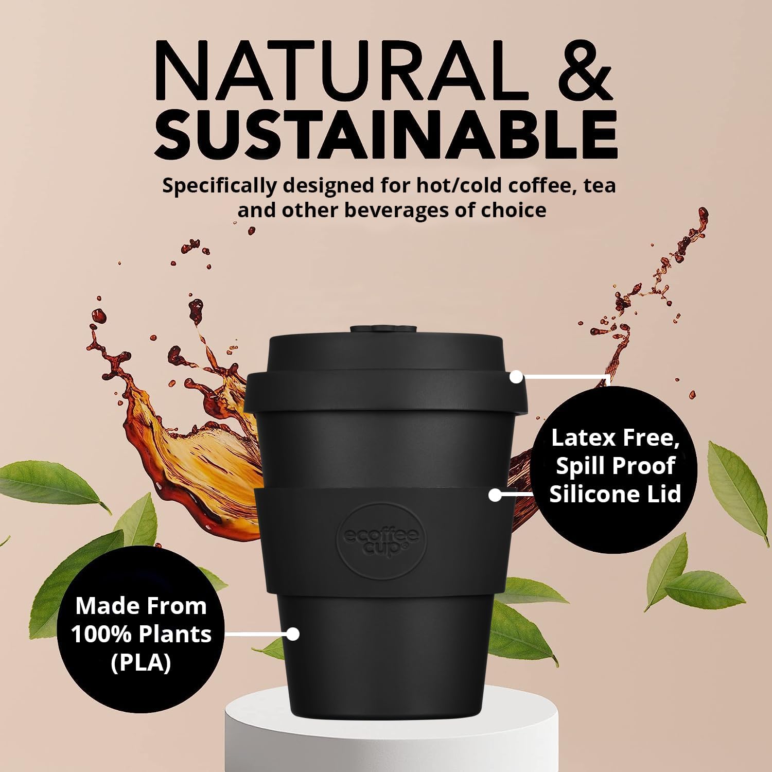 Ecoffee Cup 6oz (180ml) Reusable Coffee Cup – PLA Plant-Based Travel Mug with Silicone Lid, Melamine Free & Dishwasher Safe – Kerr & Napier