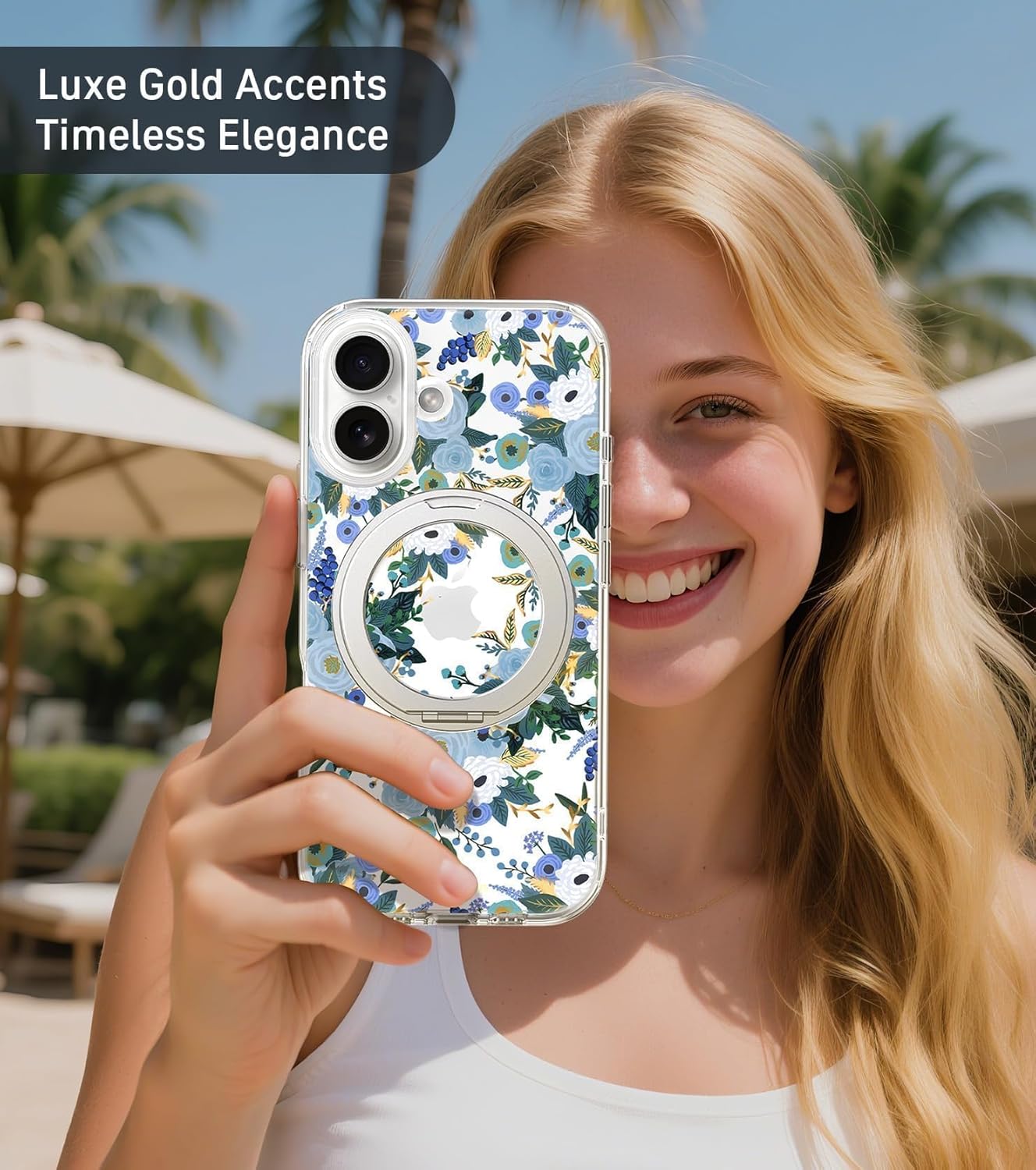 for iPhone 16 Plus Case with MagSafe Stand Ring for Women, Cute Clear Floral Design with 360° Kickstand Holder Magnetic Shock Proof Heavy-Duty Protection Blue Flower - Image 4