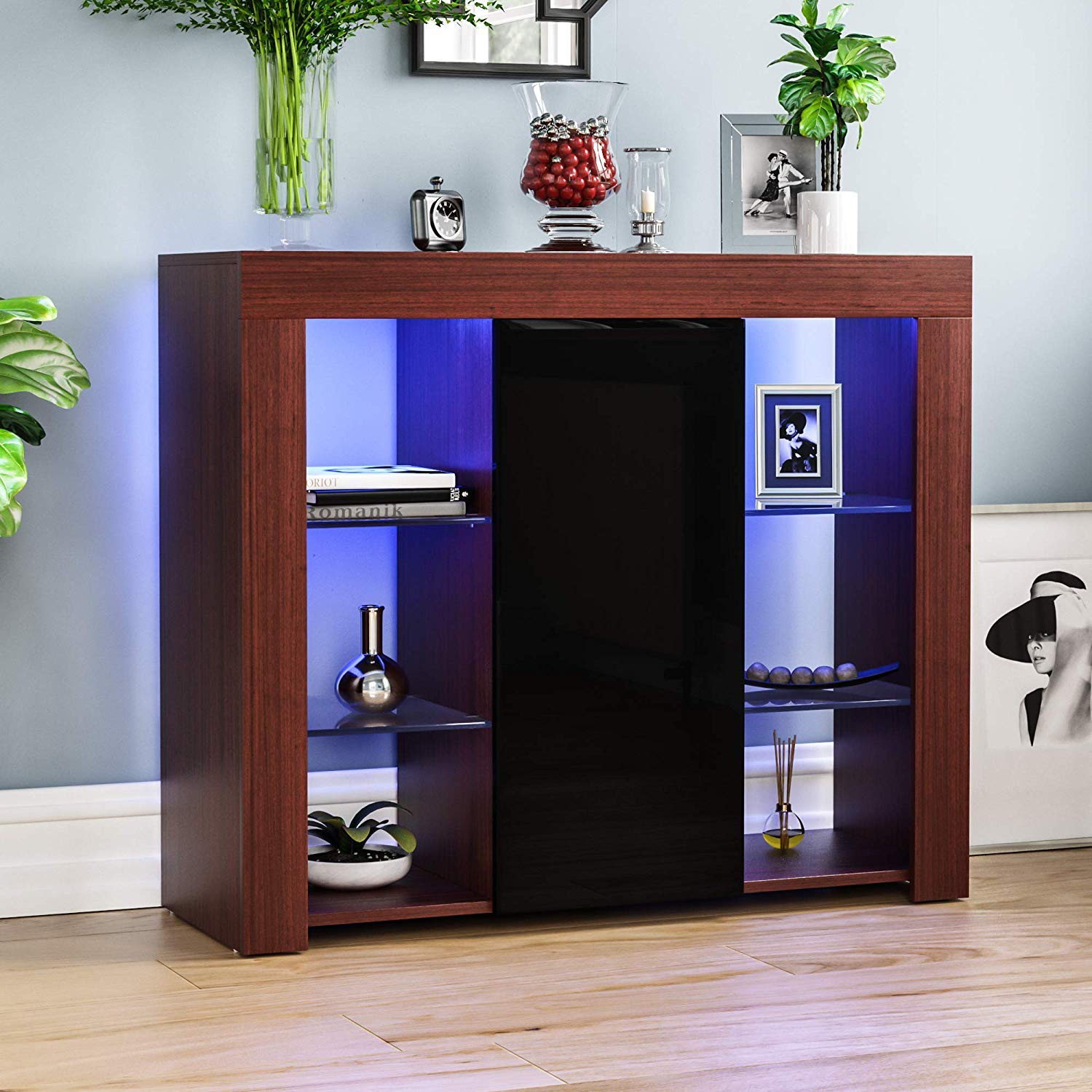 Vida Designs Large Azura 1 Door Modern LED Sideboard in Walnut & Black, RGB Lights (Fade/Strobe Options Included), Wooden Matte Style with High Gloss Features