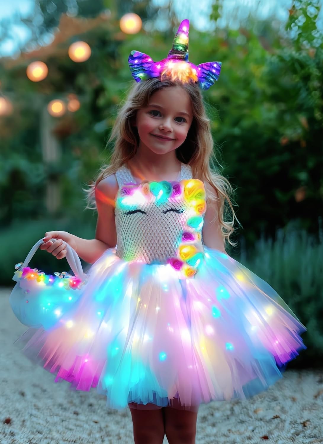 Unicorn Dress for Girls,Unicorn Costumes LED Lighted TuTu Dress With Headband for Birthday Party Pink+Flower