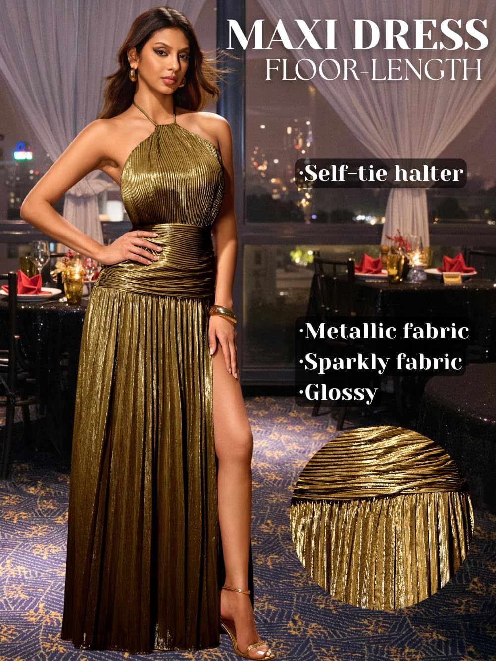Kaei&Shi Metallic Pleated Dress,Halter Formal Cocktail Dresses with Slit,Sparkly Long Evening Gowns for Women - Image 4