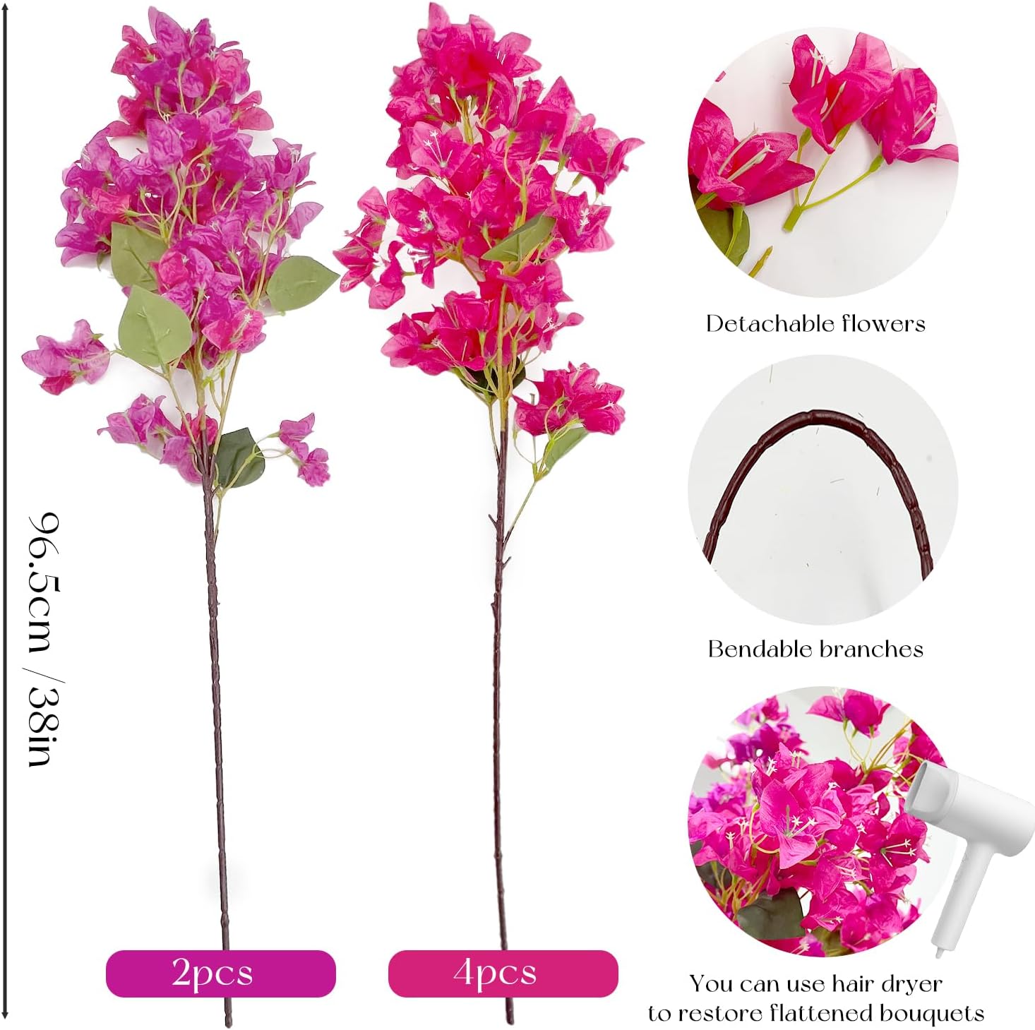 SNAIL GARDEN 38" Artificial Flowers Bougainvillea Floral, 6PCS 2Color Long Stems Silk Fake Flowers Bright Color,Realistic Summer Flowers for Tall Vase Wedding Home Outdoor(Mixed Fuchsia Hot Pink)