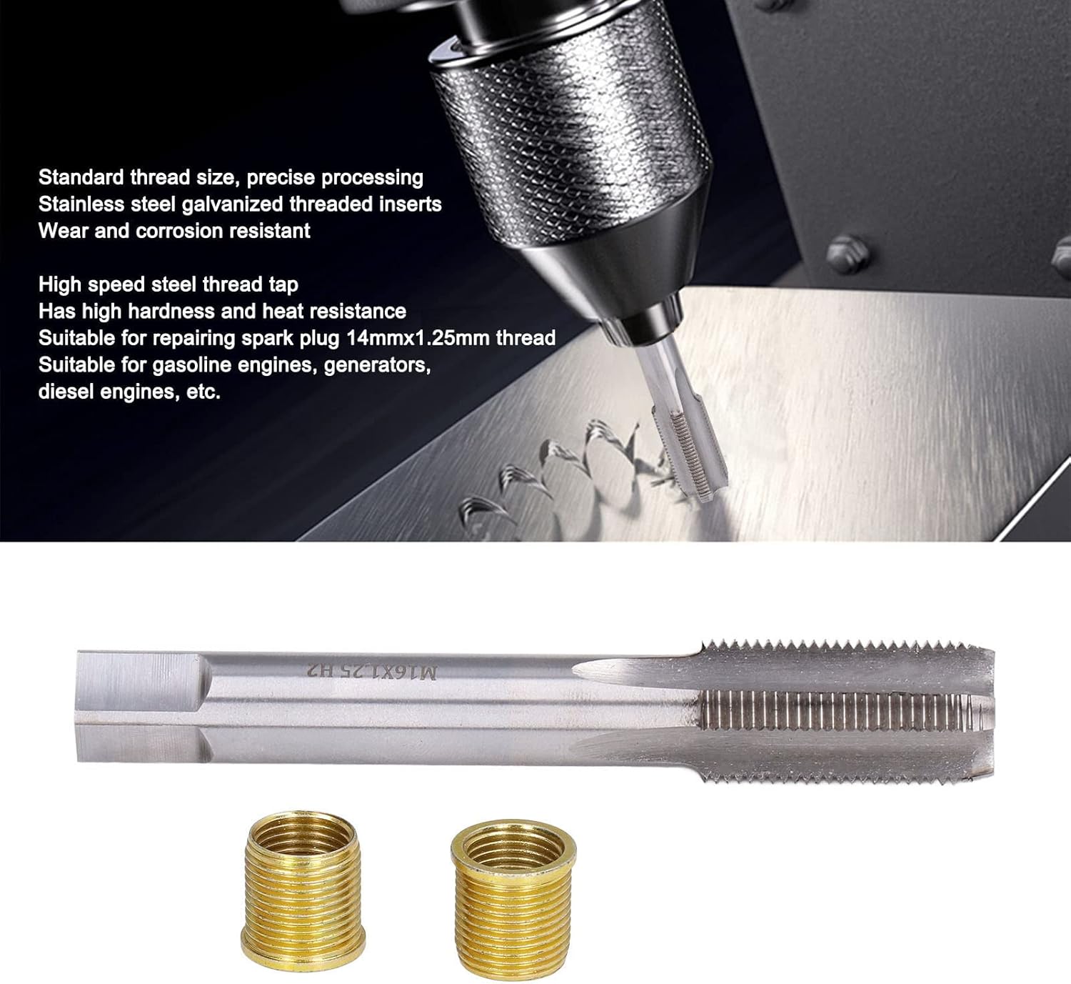 Topyond Spark Plug Helicoil Thread Repair Kit, M14x1.25 Bolt and M16x1.25 Tap Gasoline Engine Spark Plug Threaded Hole Repair Kit