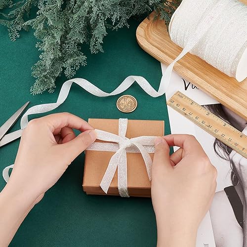 Miniatura 3 de PH PandaHall Cinta metálica con purpurina de 50 yardas150.0 ft, cinta blanca brillante de 38 pulgadas (0.394 in), cinta de poliéster con purpurina