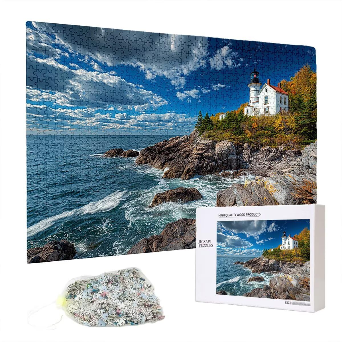 Puzzle 2000 elementów, krajobraz, latarnia morska, 2000 elementów, drewniane puzzle dla dorosłych, trudna łamigłówka, gra logiczna dla całej rodziny, drewniane puzzle dekoracyjne do salonu, prezenty