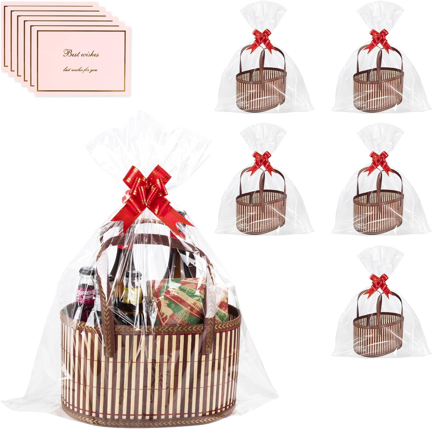 ‌Large Woven Gift Basket with Handles - Empty Bamboo Basket for Gifts (Adults/Wine/Christmas) (BROWN, 6PC LARGE)