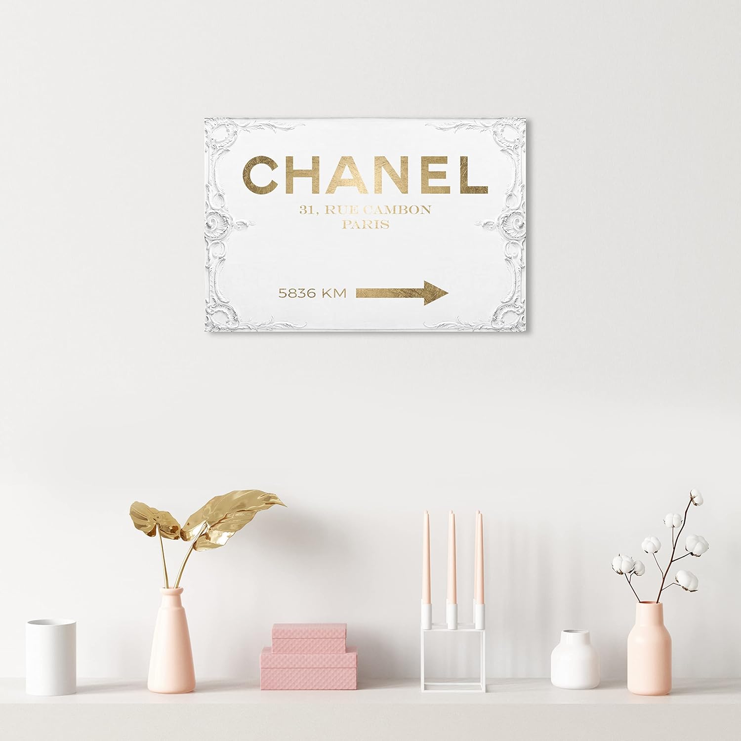 The Oliver Gal Artist Co. Typography and Quotes Contemporary Canvas Art - Couture Road Sign Rococo Gold, Wall Art for Living Room, Bedroom, and Bathroom, 24 in x 16, White and Gold Home Decor