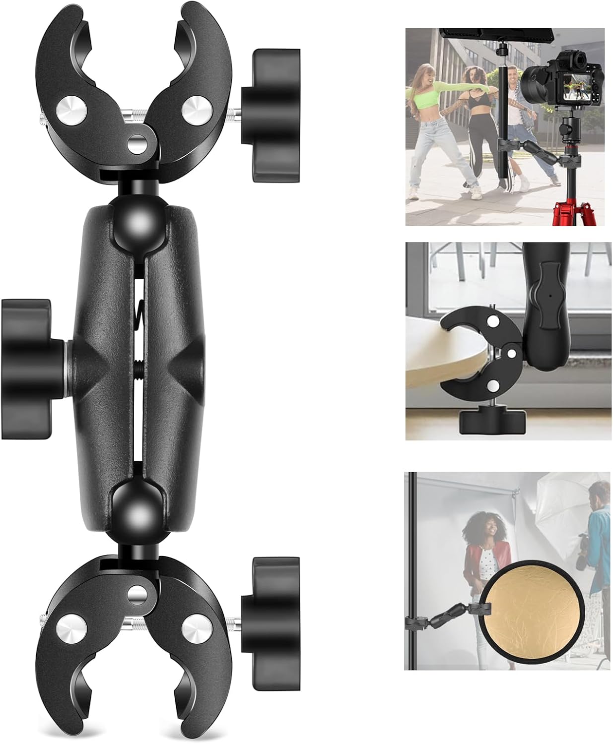 Super Clamp Dualheads Crab Clamp, Action Camera Mount Crab Plier Clip Bracket Magic Arm 360 Rotation Double Ball Head Umbrella Mount for Motorcycle/Cross Bars/Photography Light Stand/Photo Boom Stand
