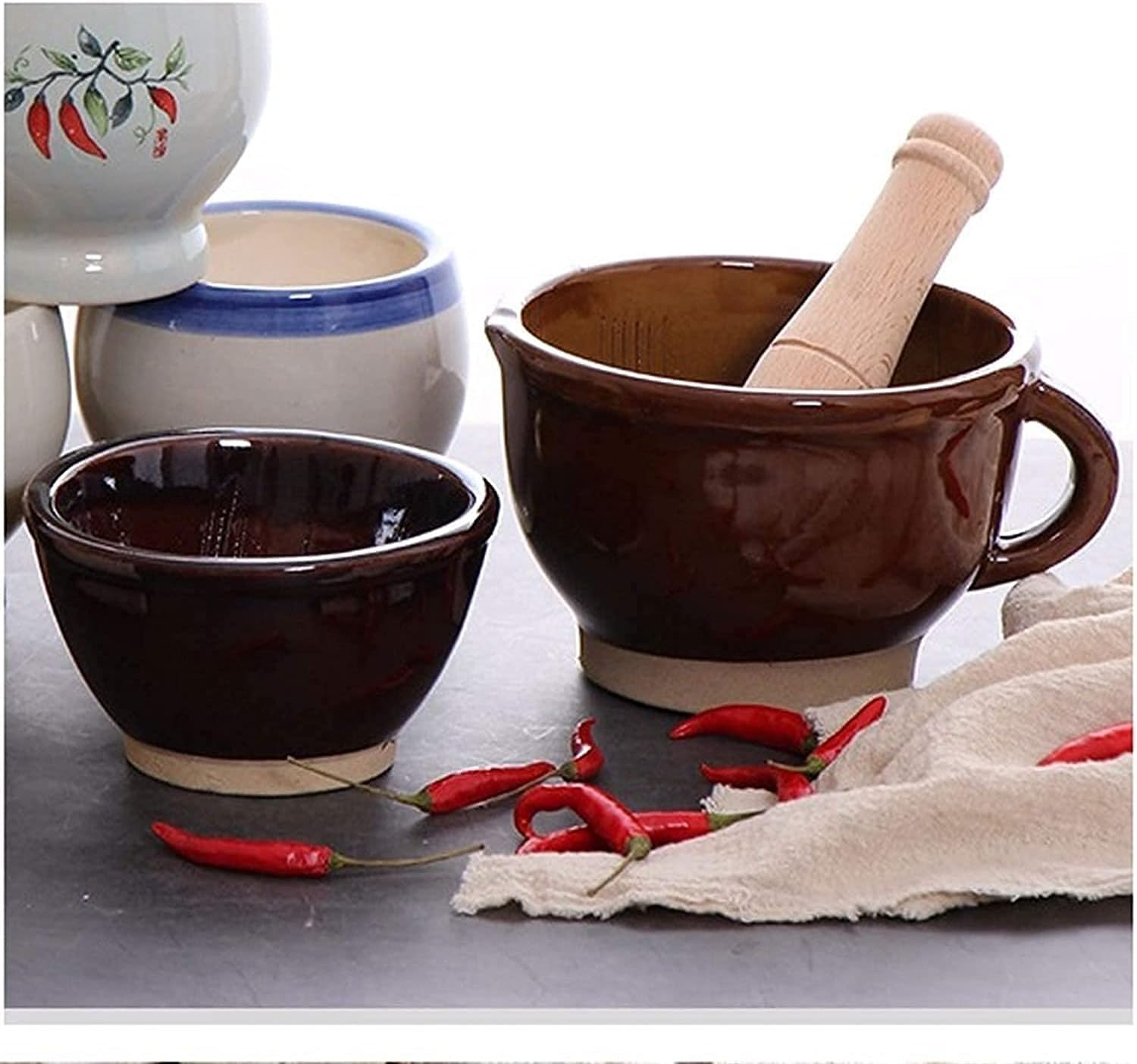 Mortar and Pestle Set Set Ceramic Grinder with Pouring Guacamole Bowl