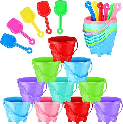 30 Pcs Beach Toys Beach Sand Buckets and Shovels, Include 15 Beach Sand Pail Plastic Sand Bucket 6 Colors Toy Bucket with a Castle Design Inside and 15 Sand Shovels for Boys and Girls