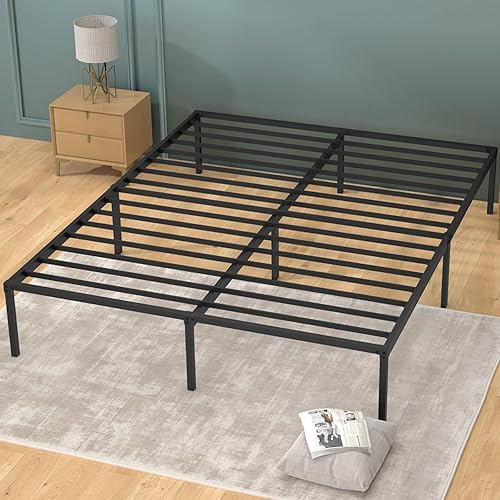 BLKMTY Marco de cama de metal, tamaño Queen, plataforma de metal, base de colchón, soporte de hasta 1000 libras, soporte de cama de listones de