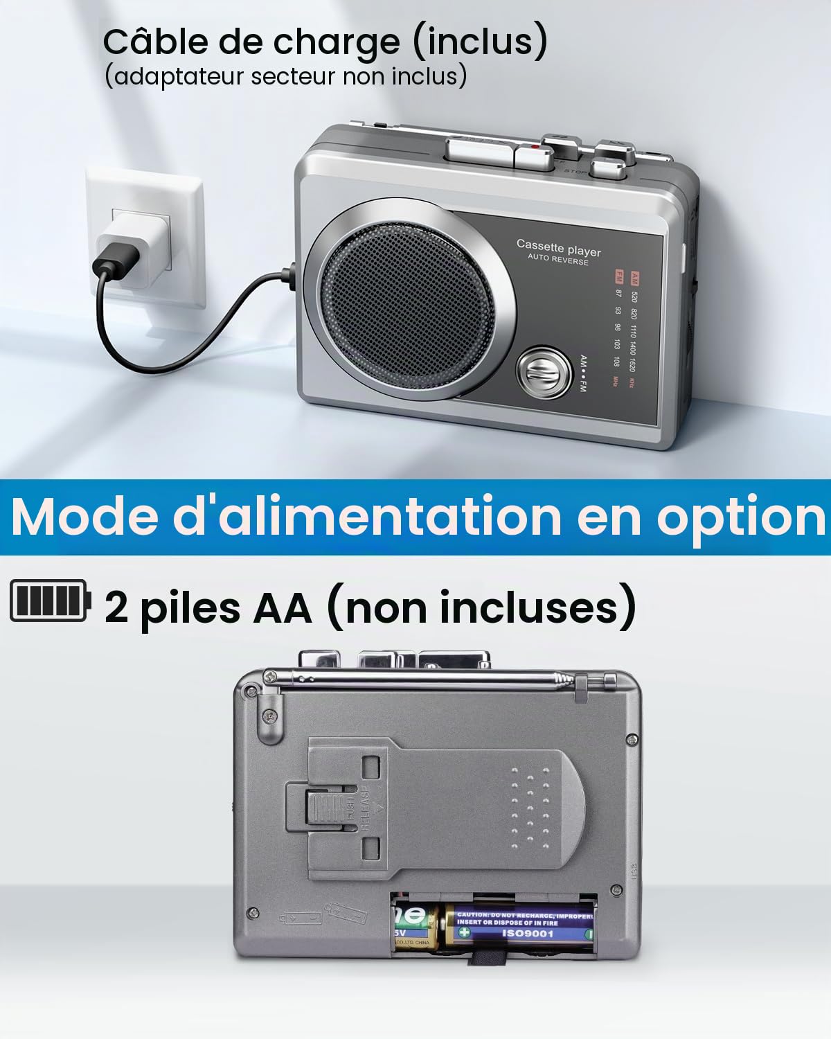 Lecteur enregistreur cassette portable et radio AM/FM, lecteur cassette compact avec prise casque 3,5 mm, haut-parleur intégré, alimentation par batterie/USB