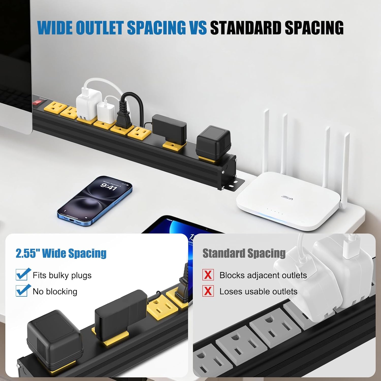 8 Outlet Heavy Duty Metal Power Strip, Wall Mount with 2.55 inch Wide Spacing, 6 FT Flat Plug Extension Cord with Switch, 1875W 15A 125V, ETL Listed for Garage Workshop Home Office
