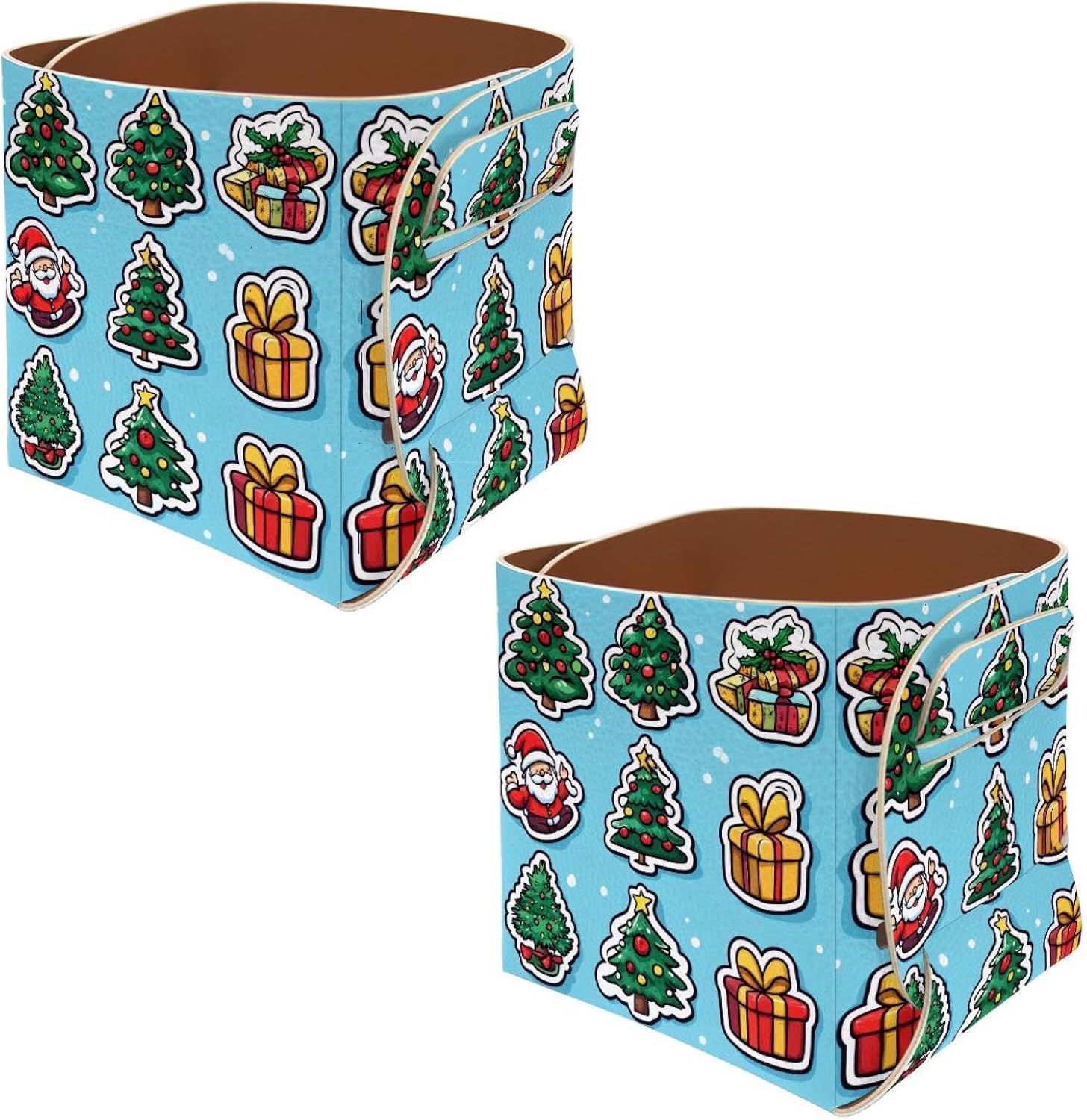 Collapsible Leather Storage Box Organizer, Cute Cartoon Santa Christmas Tree Home Office Desk Pencil Holder Makeup Brushes Holder for Women Men
