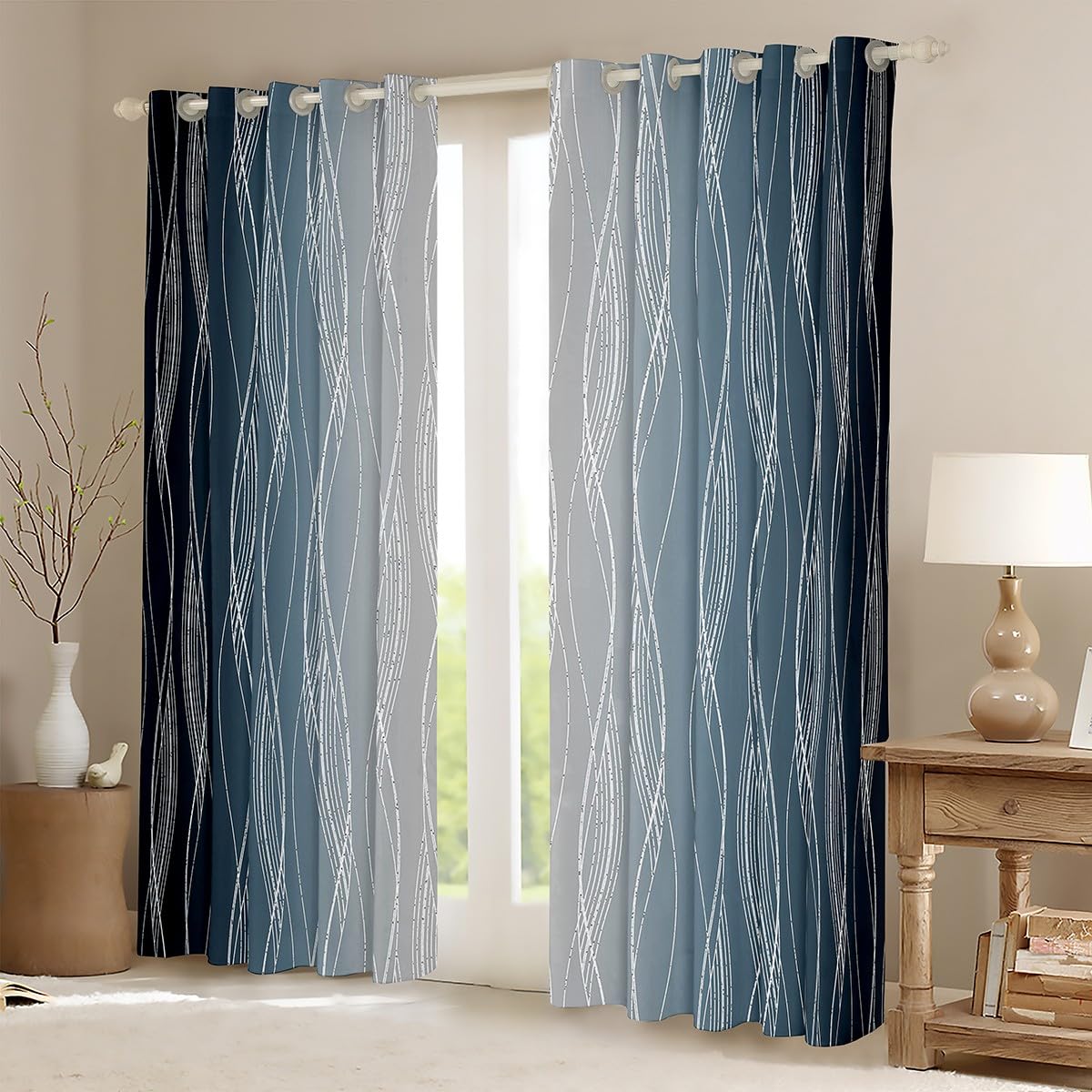 Homewish Navy Blue Greyish White Ombre Curtains & Drapes Geometric Gradient Window Curtains for Boys Bedroom 2 Panels 46" Wx54 L - Image 3