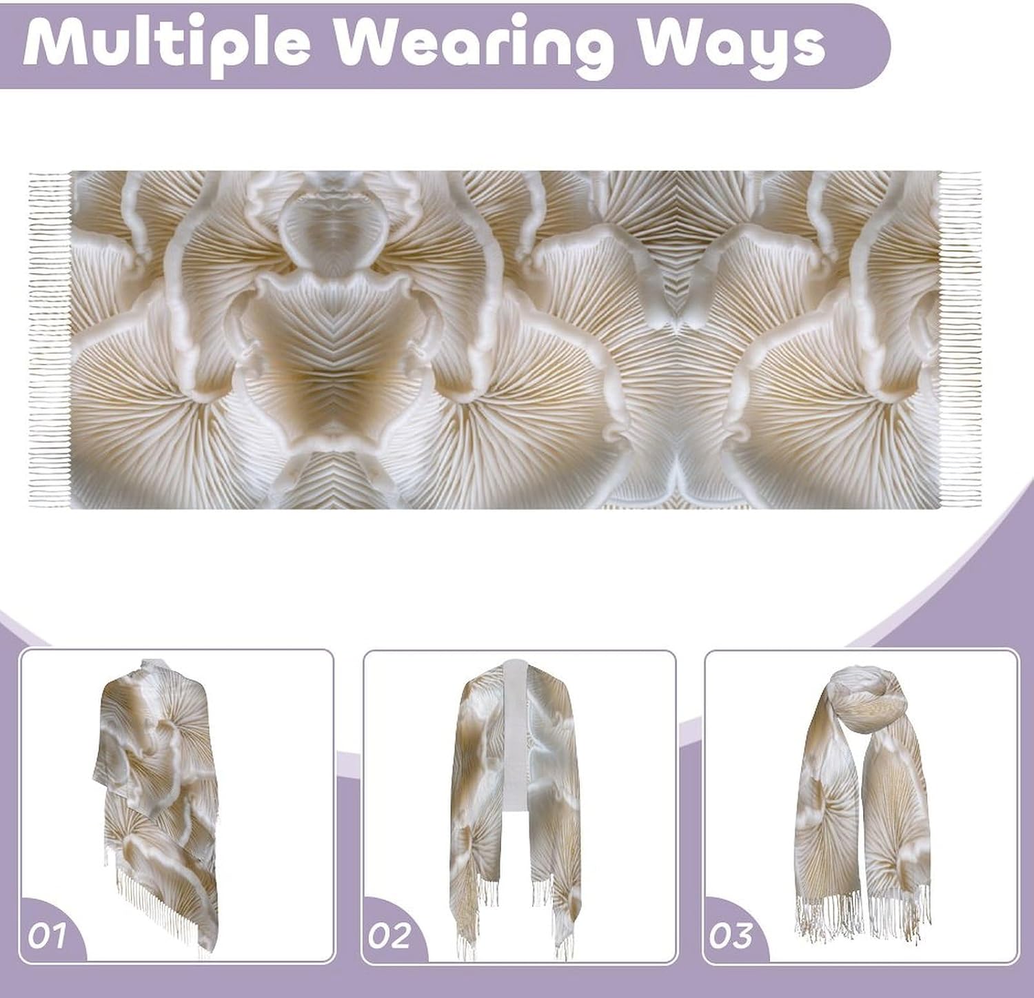 Fashion Scarves Shawl White Oyster Mushrooms Printed Tassel Shawl Scarf for Women Warm Soft Large Long Rectangular Fashion Scarves