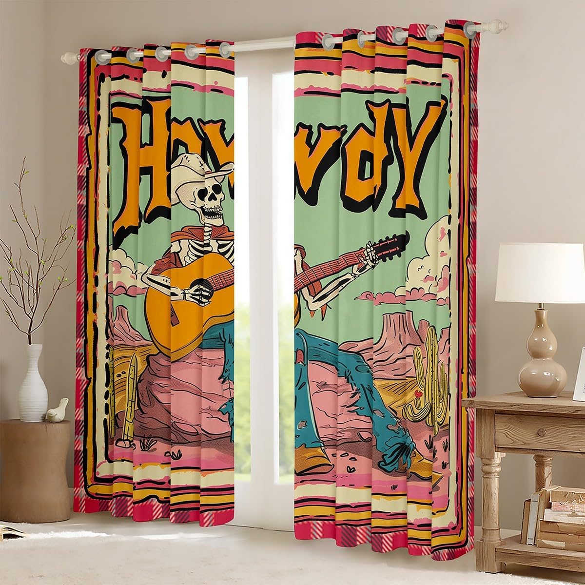 Manfei Western Blackout Curtain Skeleton Playing Guitar Window Drapes for Kids Boy Room Decor, Wild West Desert Cactus Window Treatments, Grommet Top 2 Panel Set Bedroom Curtains, 42Wx90L inch